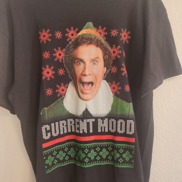 Elf Men's Size Large Christmas Current Mood Black T-shirt Movie X-mas New - Picture 2 of 4
